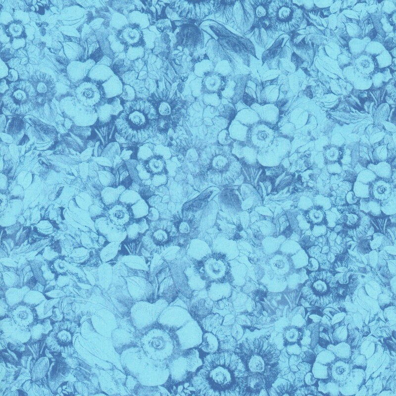 Light blue fabric with a tonal design of flowers.