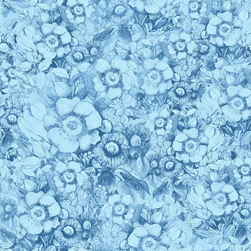 Light blue fabric with a tonal design of flowers.