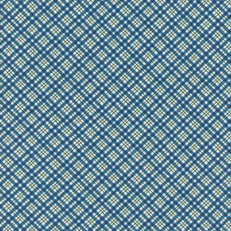 Green, white, and blue diagonal plaid fabric.