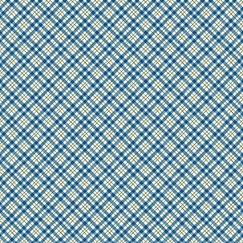 Green, white, and blue diagonal plaid fabric.
