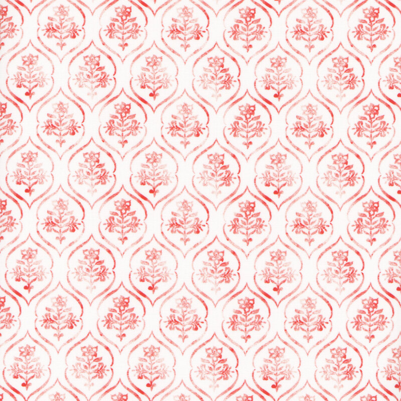 White fabric with a red ornamental floral design.