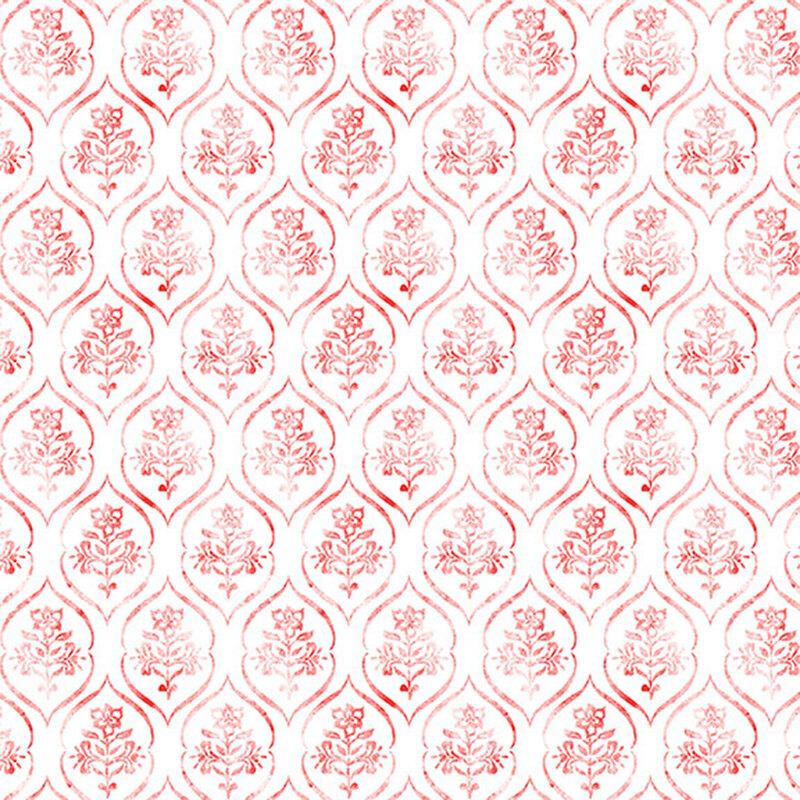 White fabric with a red ornamental floral design.