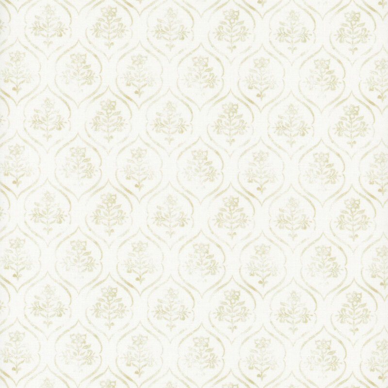 White fabric with a tonal ornamental floral design.