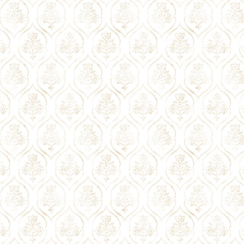 White fabric with a tonal ornamental floral design.