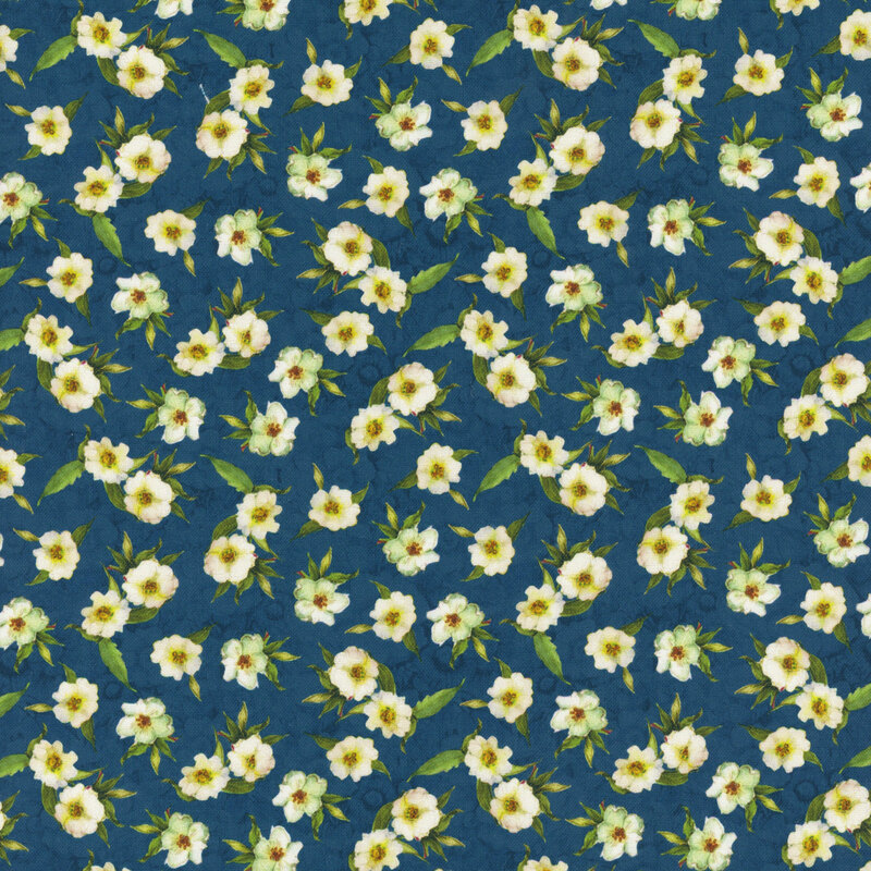Navy fabric with tossed white flowers.