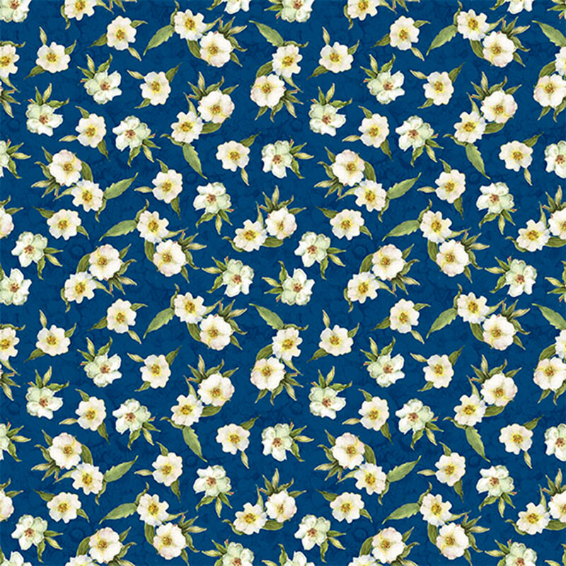 Navy fabric with tossed white flowers.