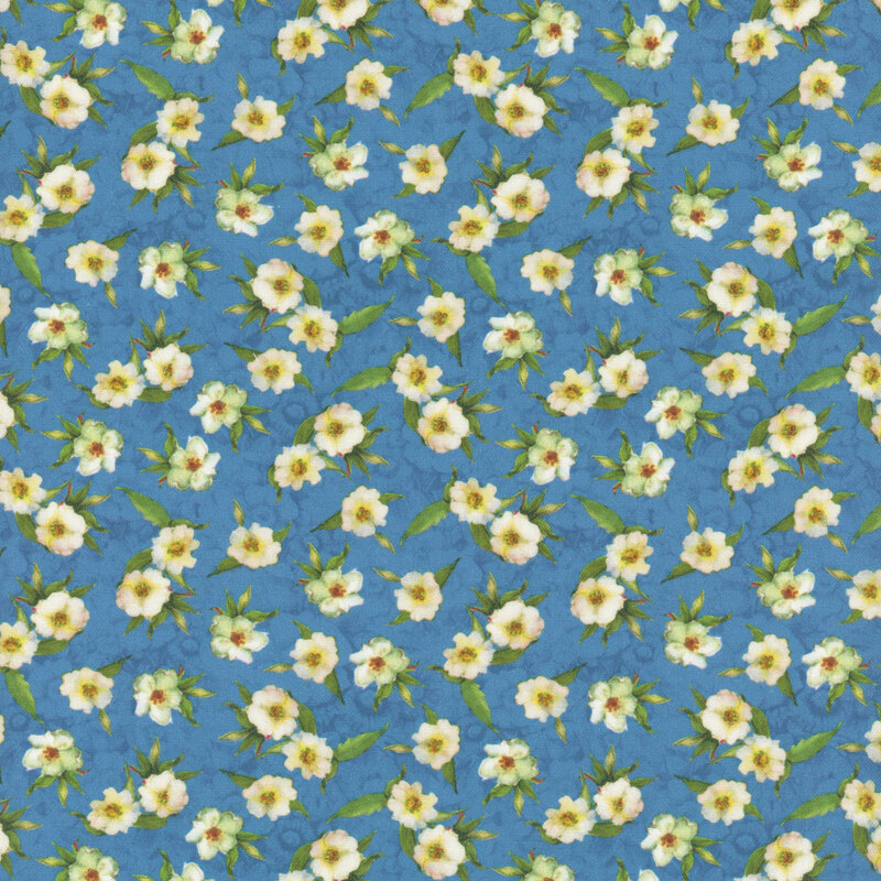 Blue fabric with tossed white flowers.
