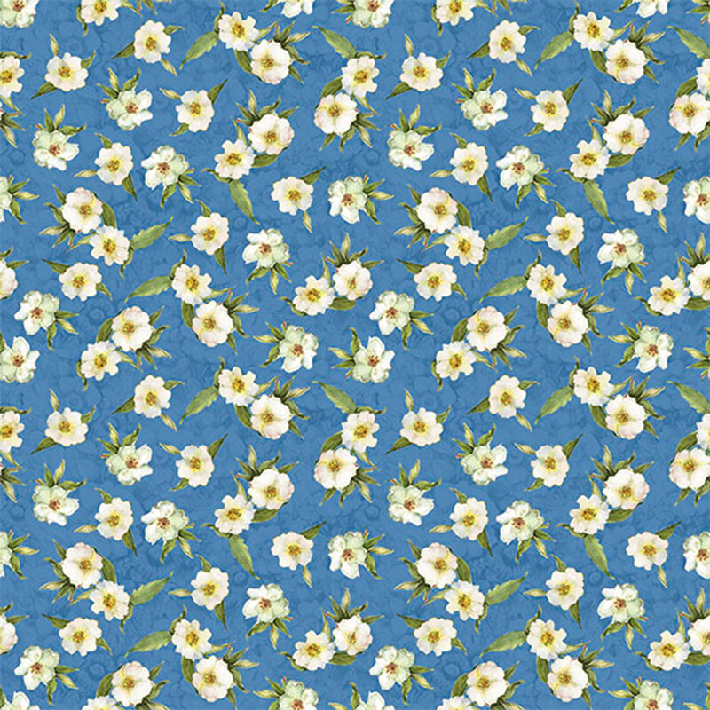 Blue fabric with tossed white flowers.