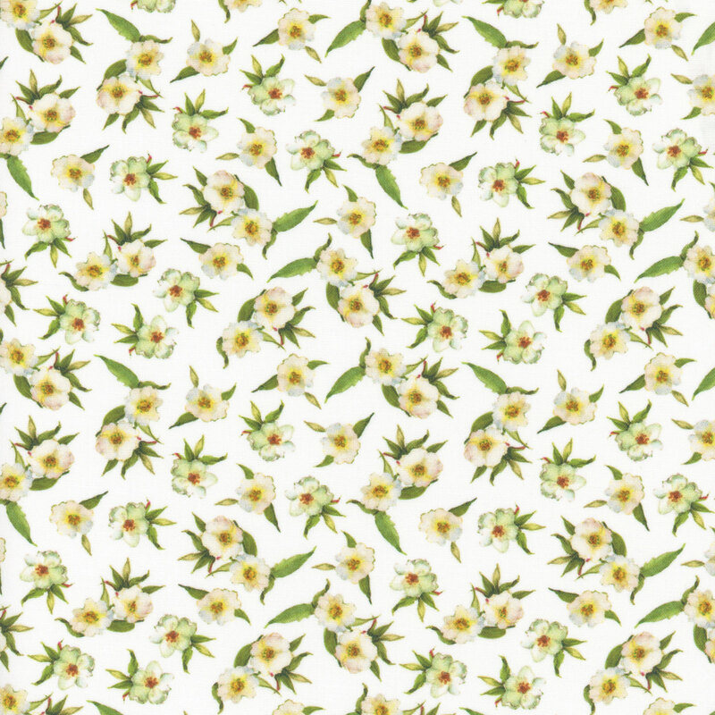 White fabric with tossed white flowers.