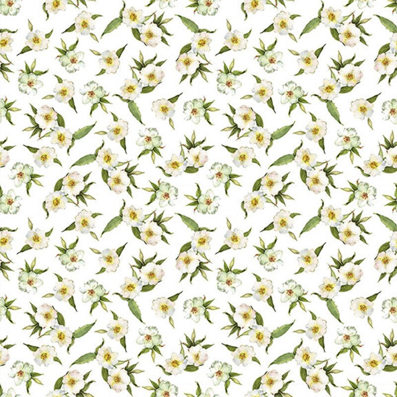 White fabric with tossed white flowers.