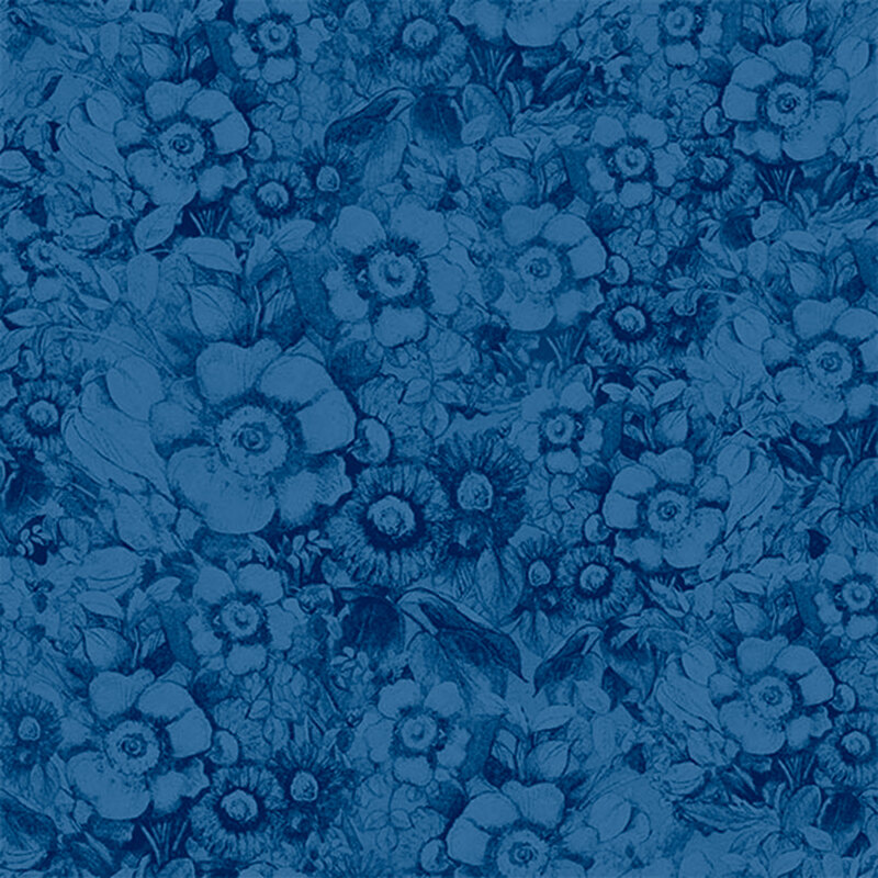 Darker blue fabric with a tonal design of flowers.