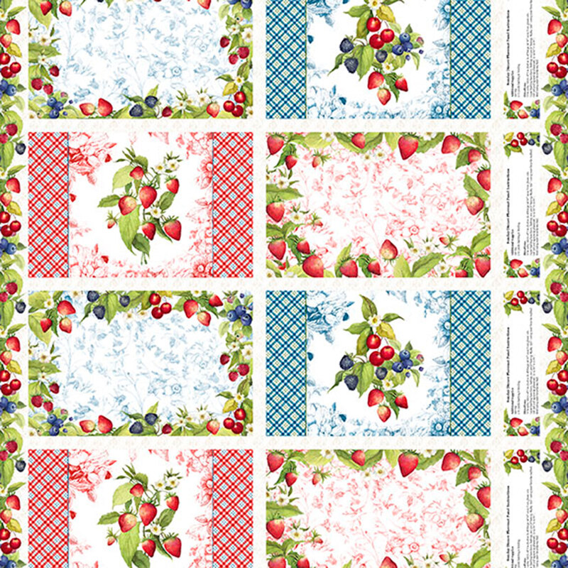 A summer strawberry panel with eight rectangle cutouts for a placemat project.