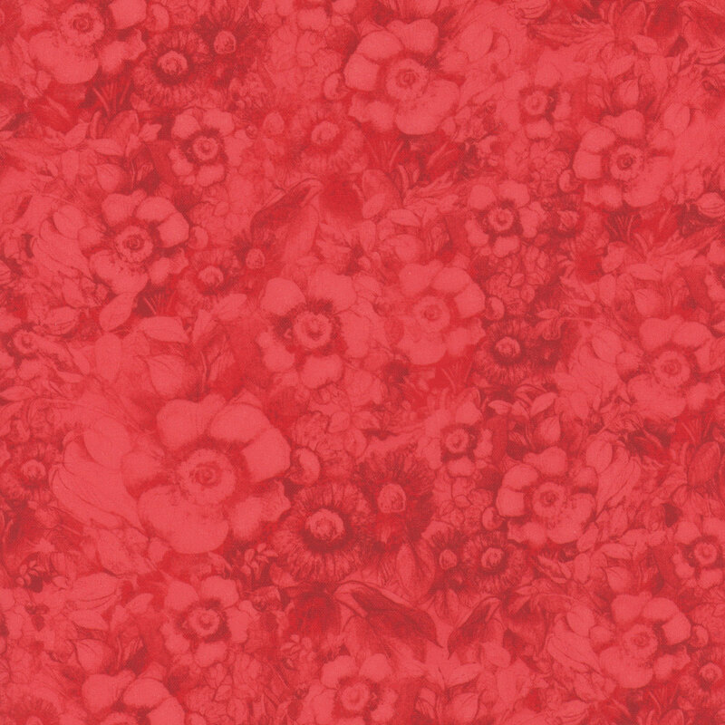 Red fabric with a tonal design of flowers.