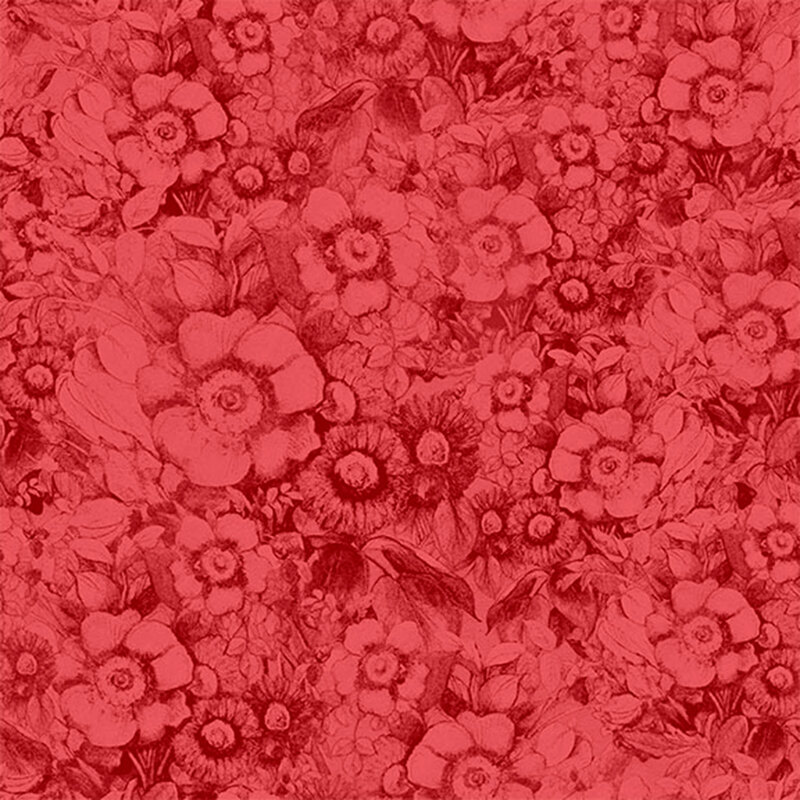 Red fabric with a tonal design of flowers.
