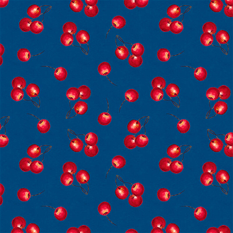 Navy fabric with a tossed design of cherries.