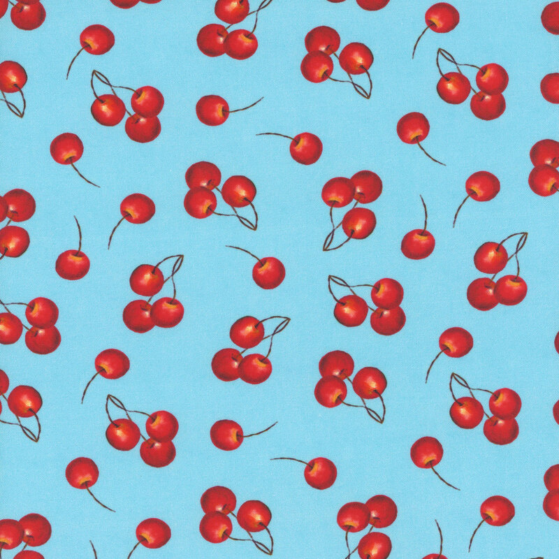 Light blue fabric with a tossed design of cherries.