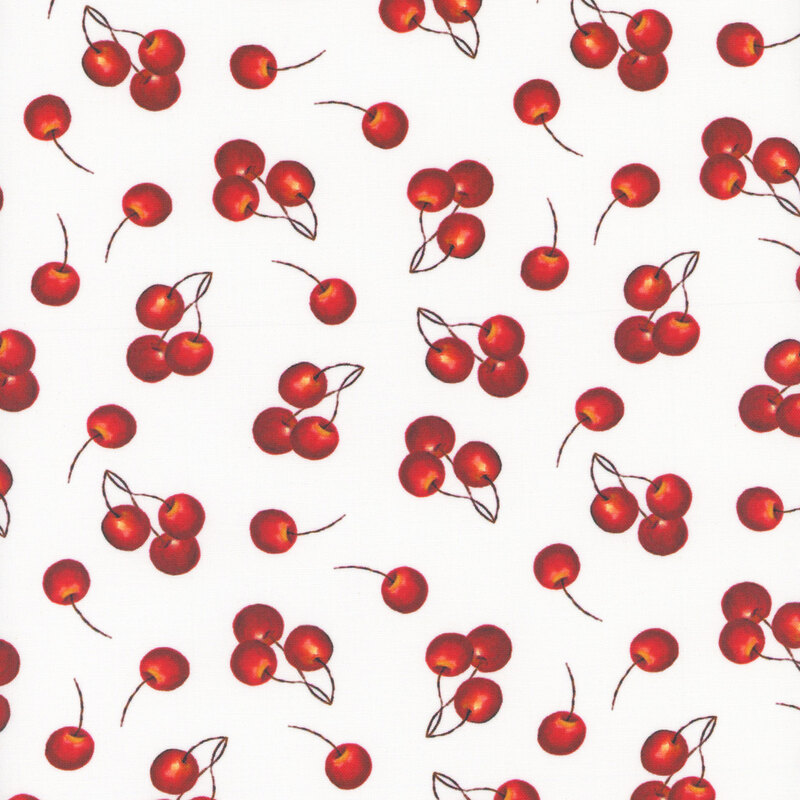 White fabric with a tossed design of cherries.