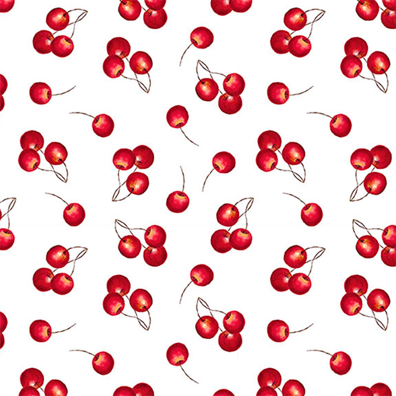 White fabric with a tossed design of cherries.