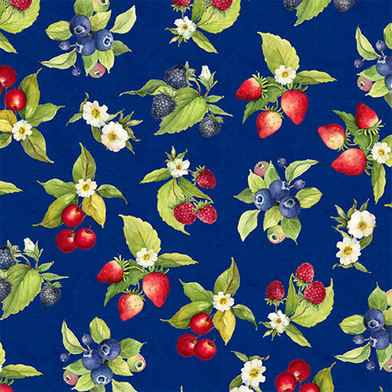 Navy fabric with tossed clusters of strawberries, blueberries, raspberries, cherries, and blackberries.
