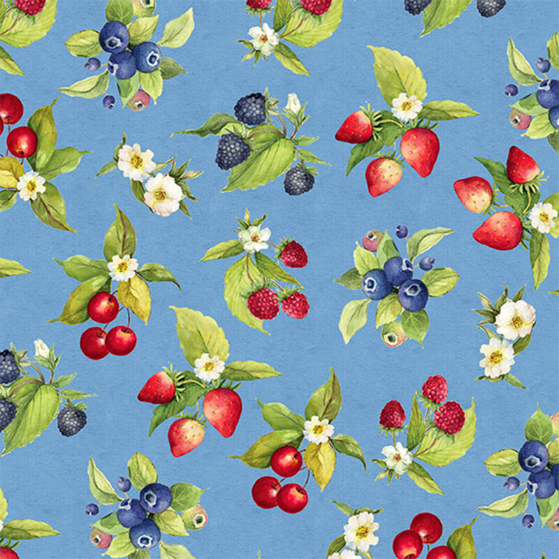 Sky blue fabric with tossed clusters of strawberries, blueberries, raspberries, cherries, and blackberries.