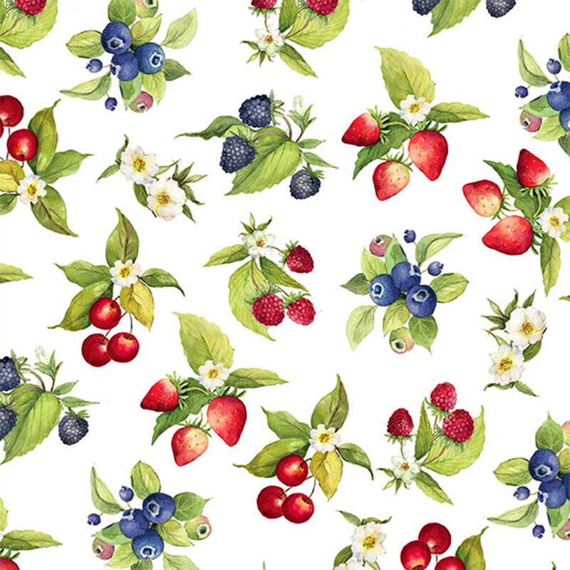 White fabric with tossed clusters of strawberries, blueberries, raspberries, cherries, and blackberries.