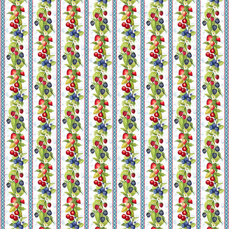 A border stripe print with columns of strawberries, blueberries, and blackberries on vines, separated by thin strips of gingham print.
