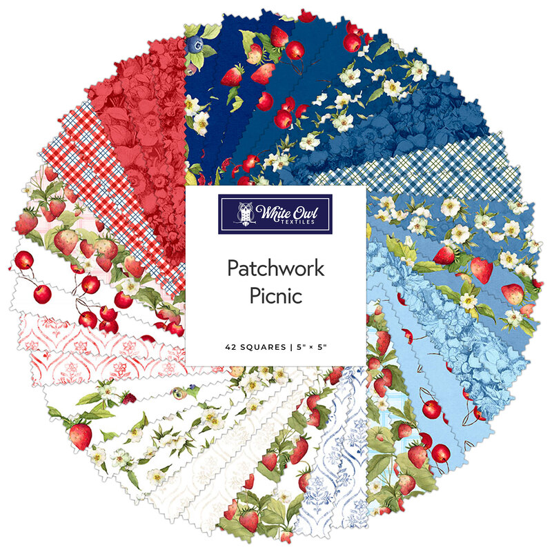A spiral collage of summer cherry and strawberry fabrics included in the Patchwork Picnic 5