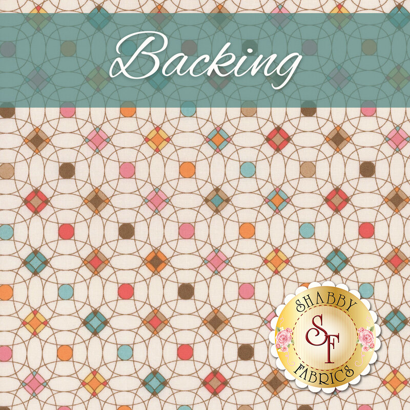 A swatch of light cream fabric with overlapping geometric circles. A teal banner at the top reads 