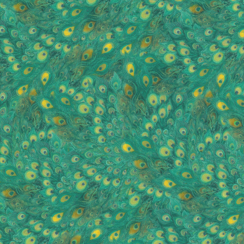 Fabric featuring peacock feathers in shades of teal and yellow.