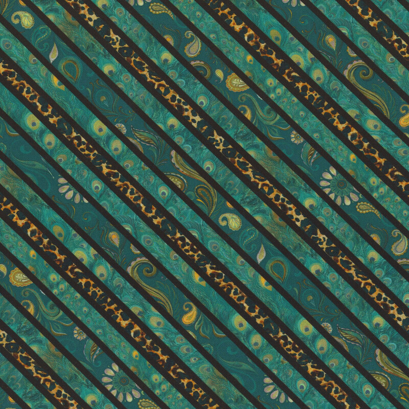 Fabric featuring diagonal stripes of teal florals, peacock feathers, and leopard print. 