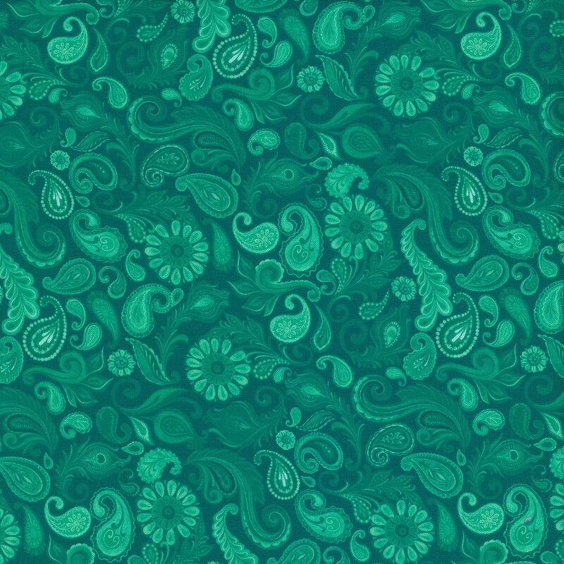 Teal patterned fabric featuring intricate swirls, paisleys, and flowers in varying shades