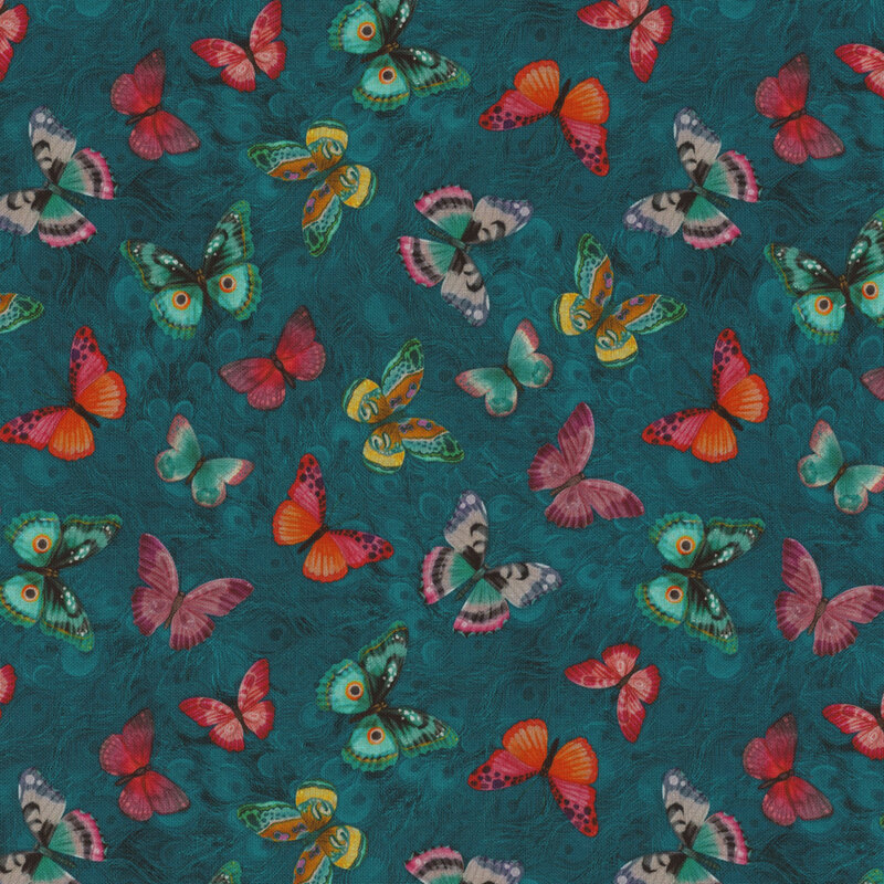 Teal fabric scattered with colorful butterflies