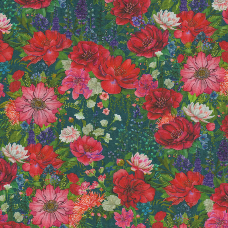 Fabric featuring a vibrant floral pattern with various flowers in shades of pink, red, and white on a dark teal background.
