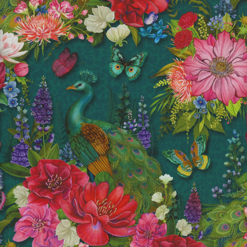 Fabric featuring a vibrant peacock surrounded by various flowers and butterflies on a teal background.