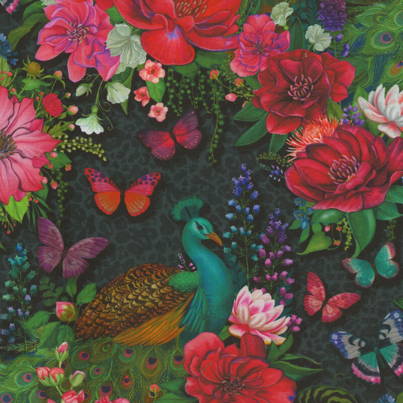 Fabric featuring a vibrant peacock surrounded by various flowers and butterflies on a black background.