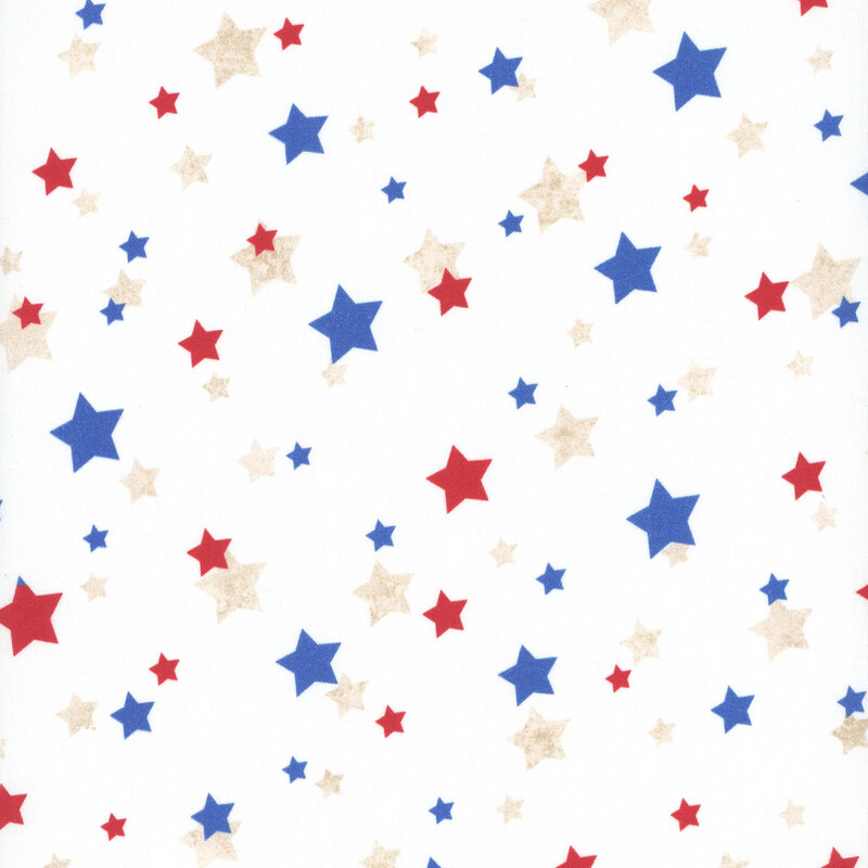 White fabric with red, tan, and blue scattered stars.