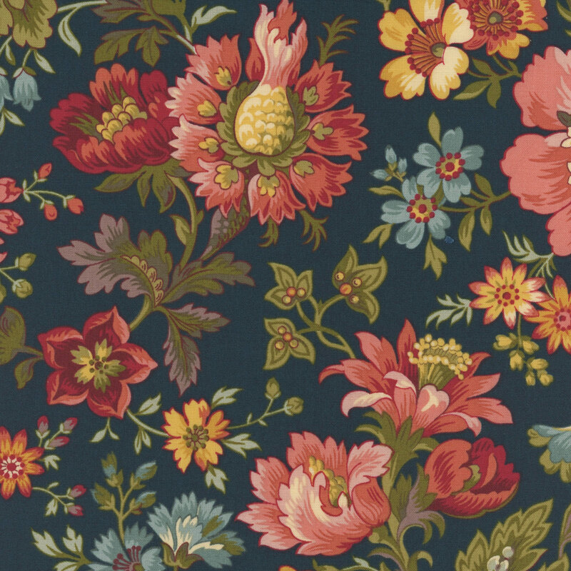 Navy blue fabric with large pink, yellow, and blue florals.