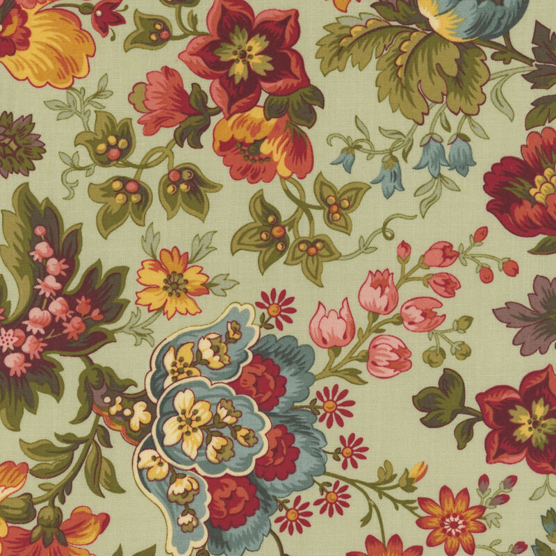 Mint green fabric with large pink, yellow, and blue florals.