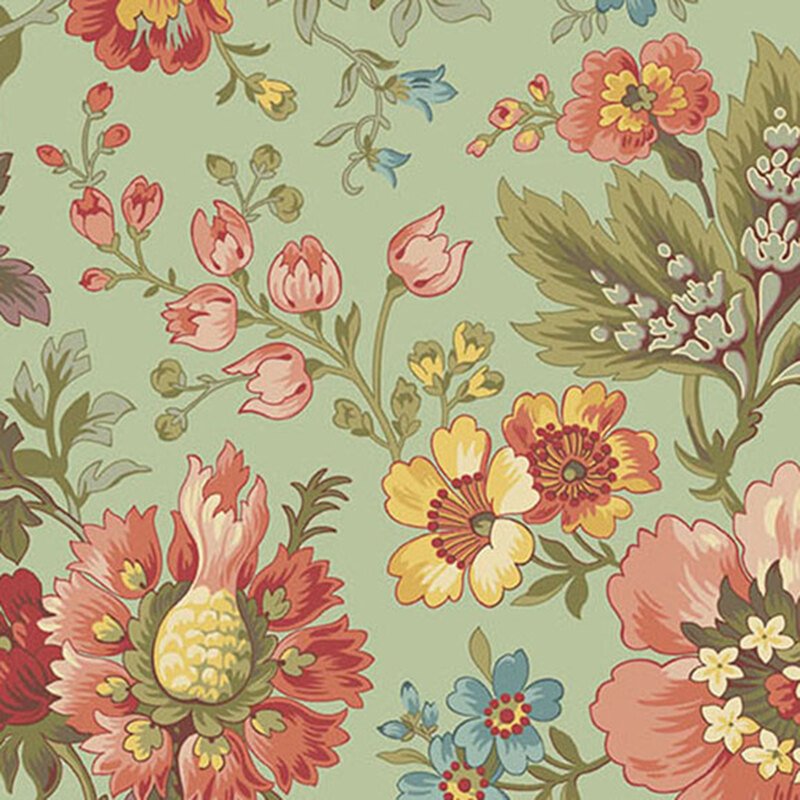 Mint green fabric with large pink, yellow, and blue florals.