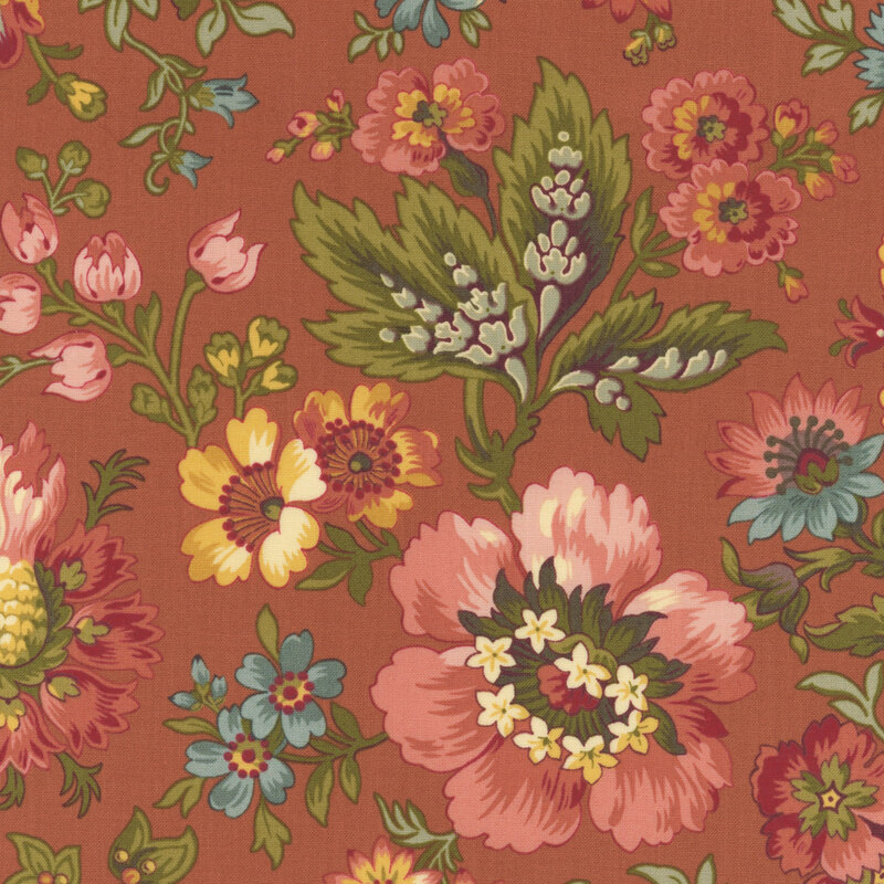 Burnt orange fabric with large pink, yellow, and blue florals.
