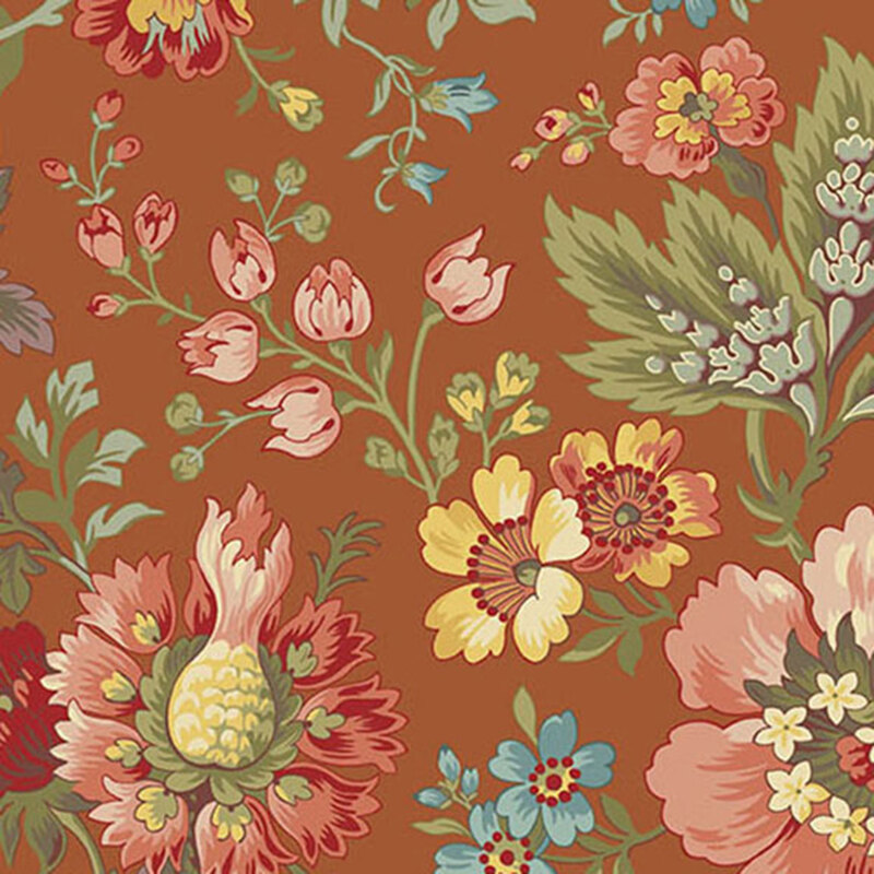 Burnt orange fabric with large pink, yellow, and blue florals.