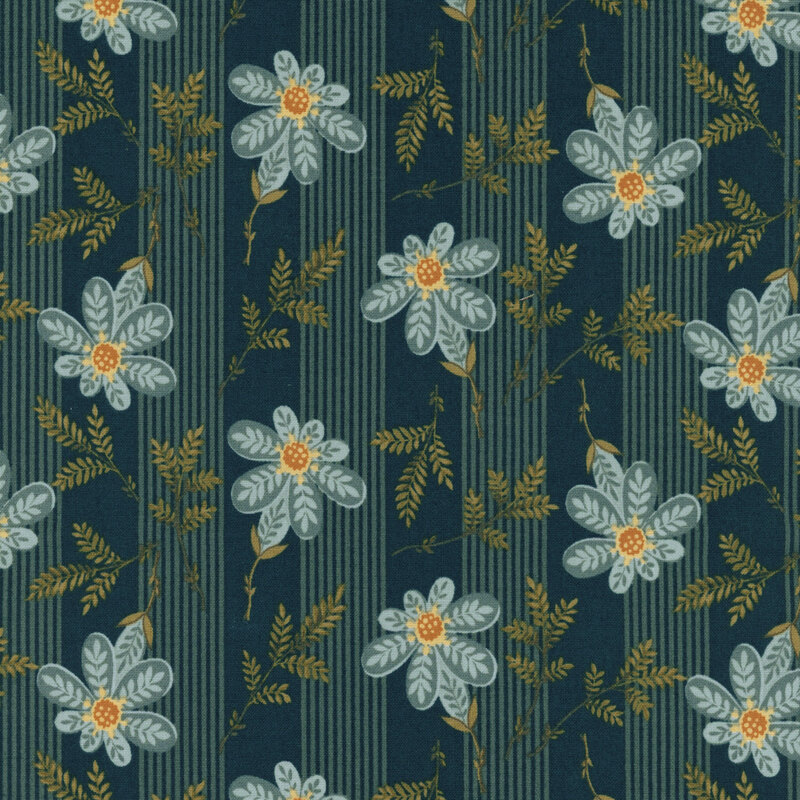 Striped dark blue fabric with tossed blue flowers and small ferns.