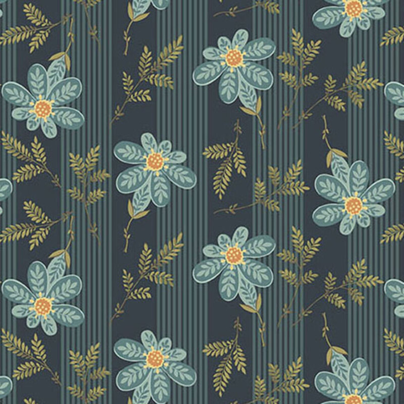 Striped dark blue fabric with tossed blue flowers and small ferns.
