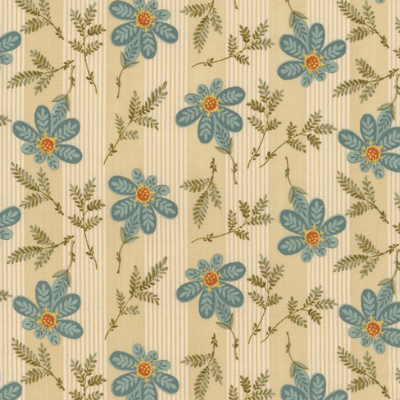 Linen tan fabric with tossed blue flowers and small ferns.