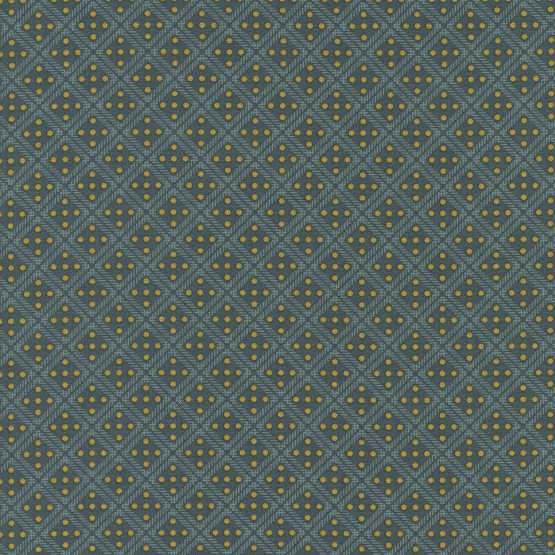 Teal fabric with a lattice design and small yellow dots in each square.