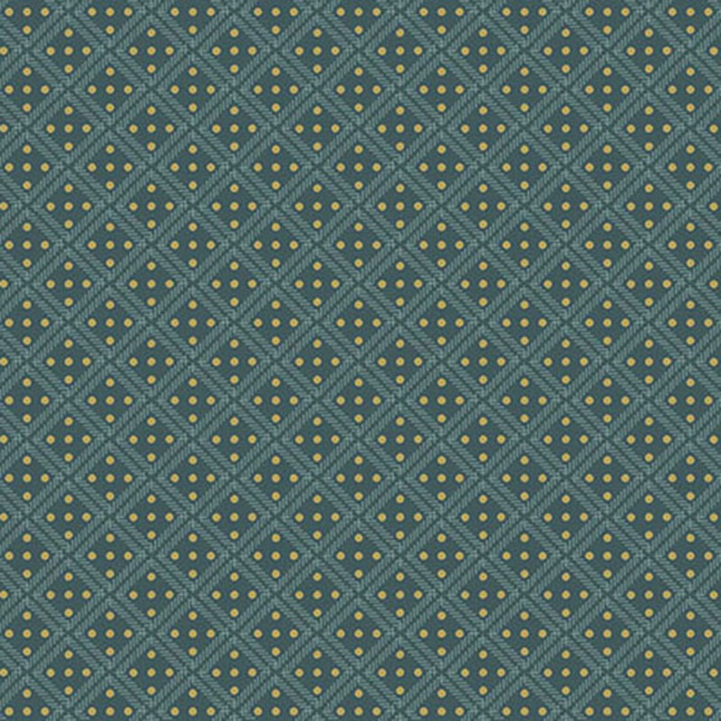 Teal fabric with a lattice design and small yellow dots in each square.
