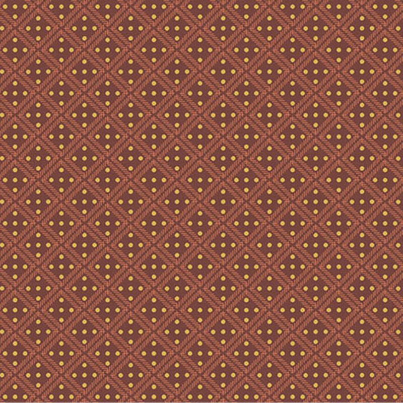 Purple-red fabric with a lattice design and small yellow dots in each square.