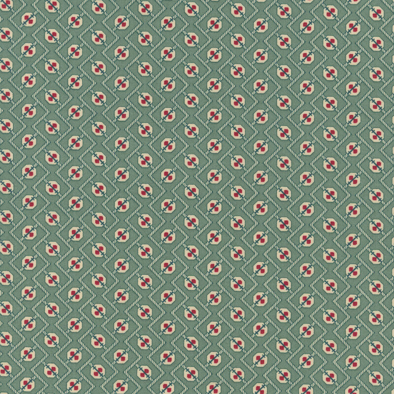 Medium teal fabric with zigzag lines and abstract shapes.