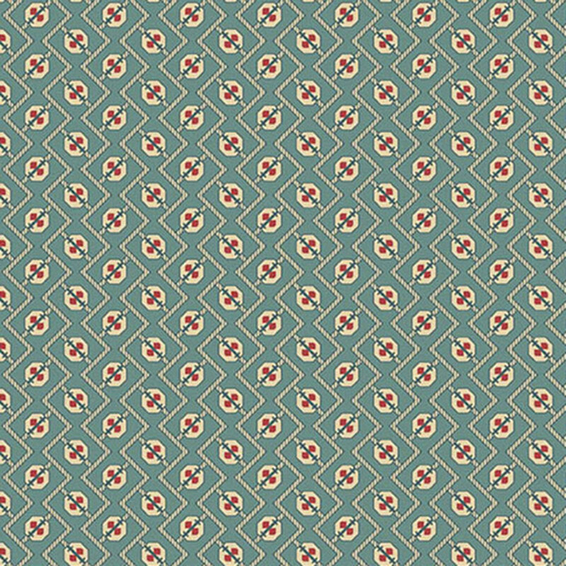 Medium teal fabric with zigzag lines and abstract shapes.