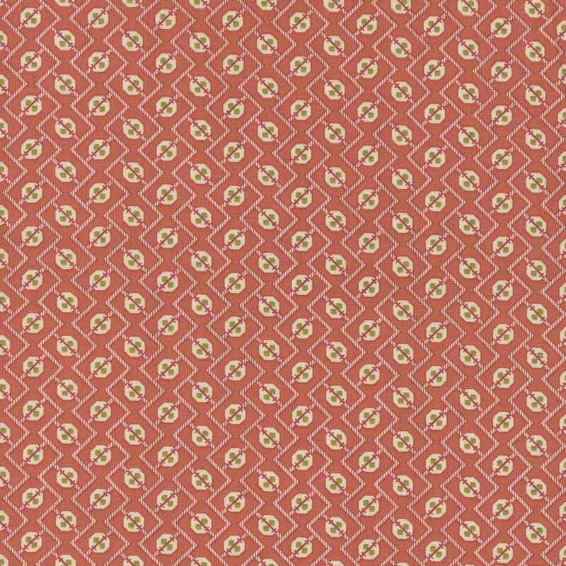 Coral pink fabric with zigzag lines and abstract shapes.